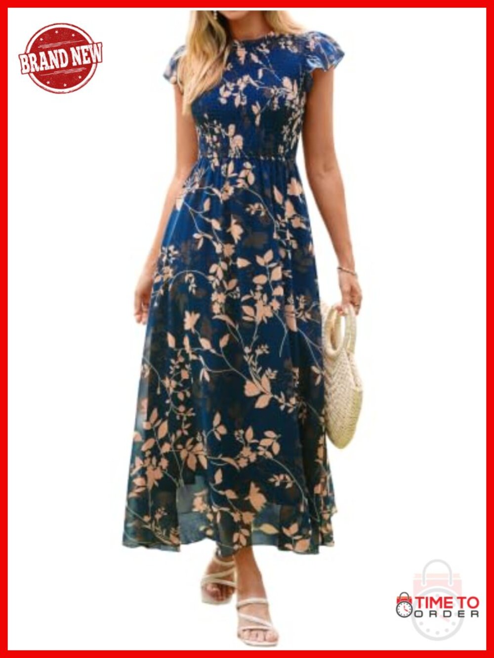 Boho Floral Chiffon Maxi Dress Ruffle Sleeve Smocked Waist Wedding Guest